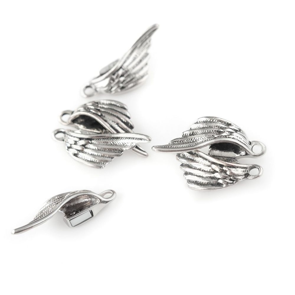 Замочки застежка магнитная "крылья", цвет античное серебро, 26x19x6.5 мм