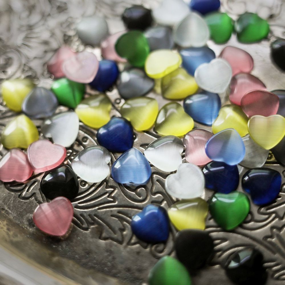 кабошон "кошачий глаз"  сердечко, стекло, цветовой микс, 10x10x2.5 мм