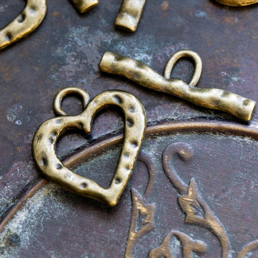 Замочки тоггл "харт", цвет античная бронза, 26x23x2 мм