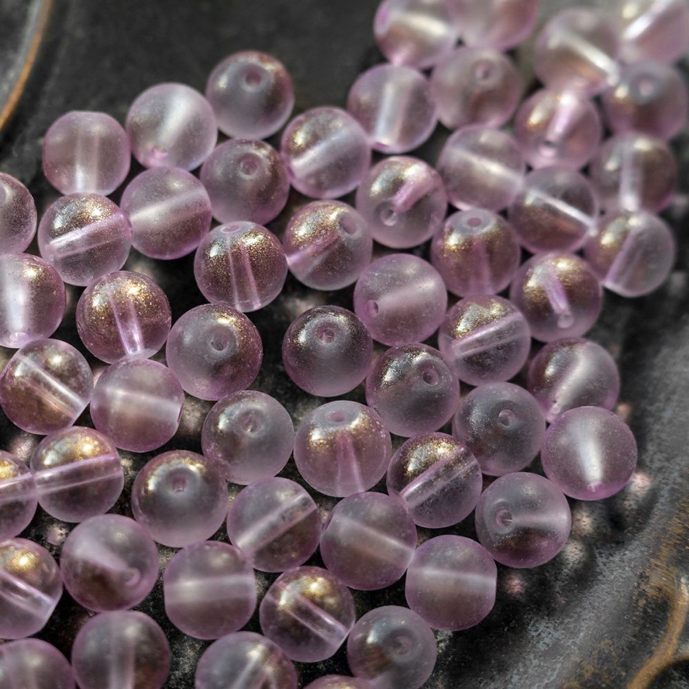 бусина, стекло матовая/золотая пудра, цвет сиреневый, 8 мм