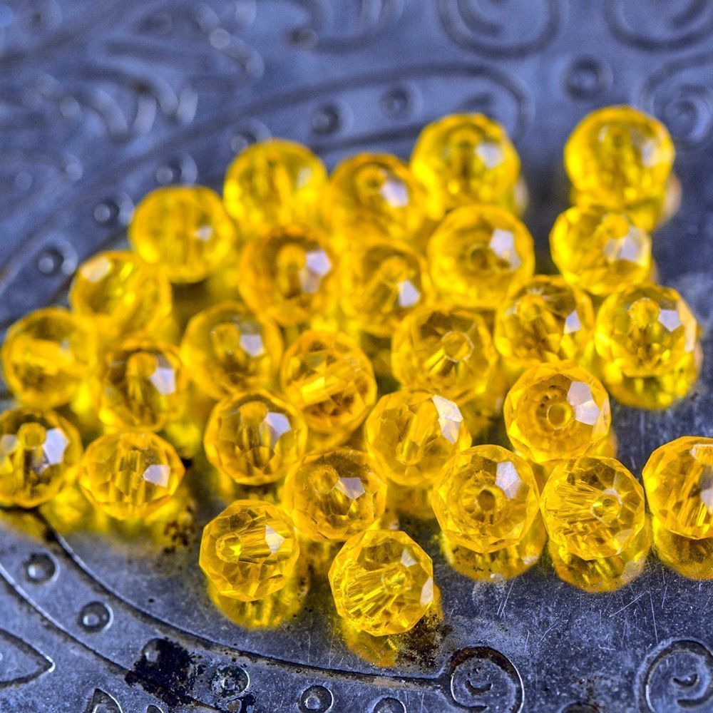 бусина, стекло абакус 6, граненая, цвет желтый, 6х4 мм