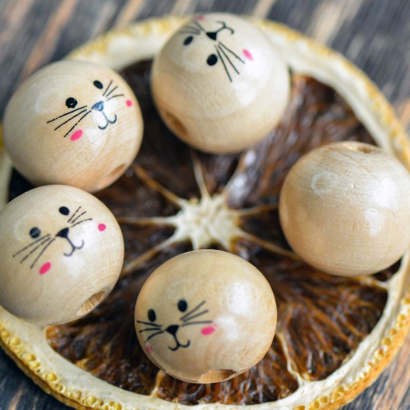 бусина дерево "котики", цвет бежевый/черный, 19-20 мм