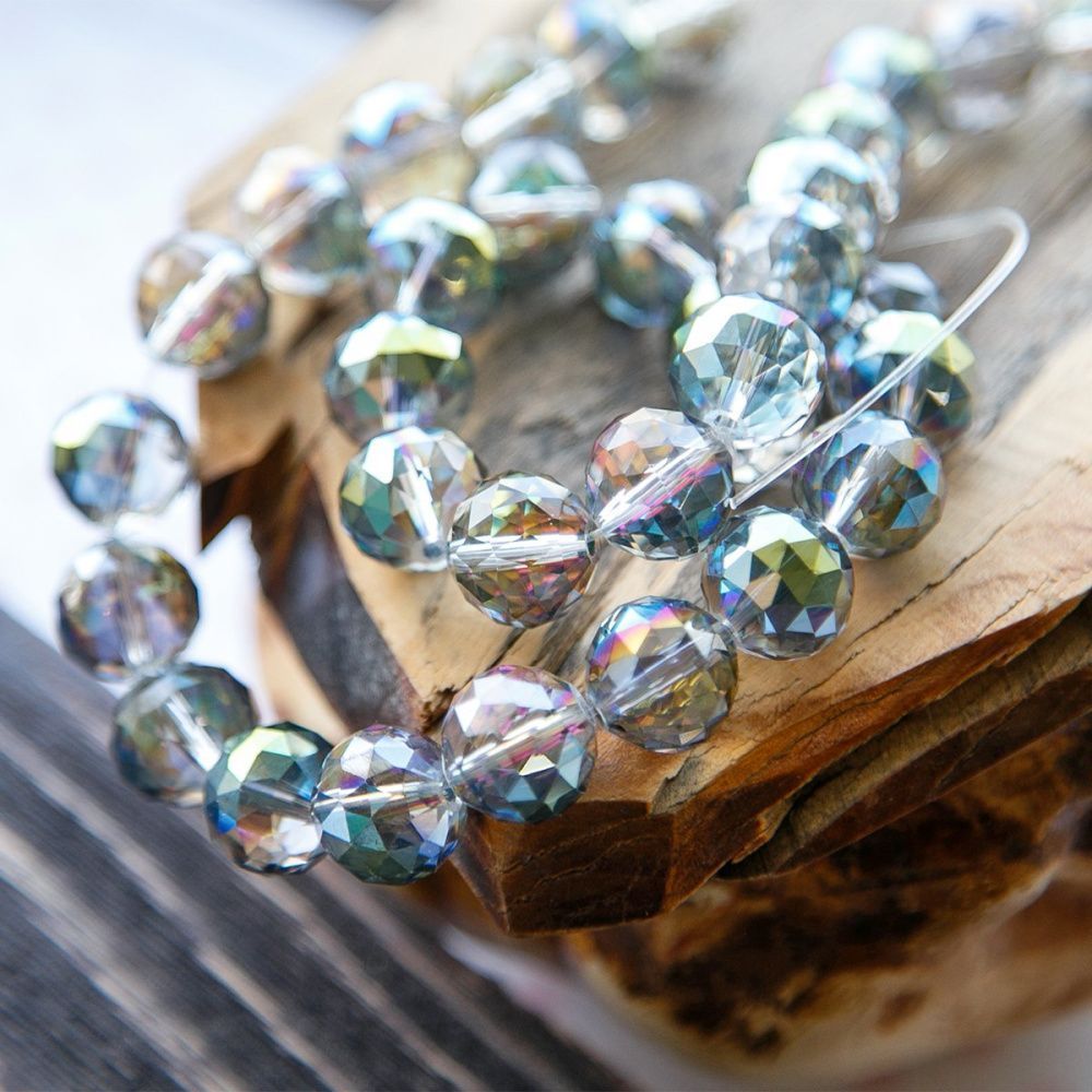 бусина, стекло 14, граненая, цвет прозрачный бензиновый, 14 мм