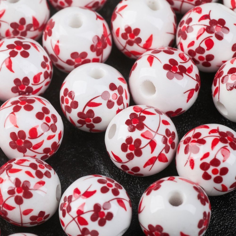 бусина, керамика "сакура", цвет бело-красный, 12 мм