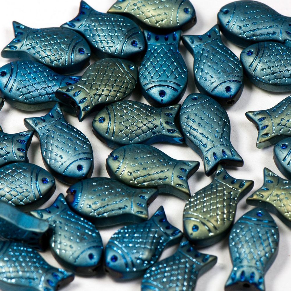бусина "рыбка", стекло, цвет голубой металлик матовый, 15х8х5 мм