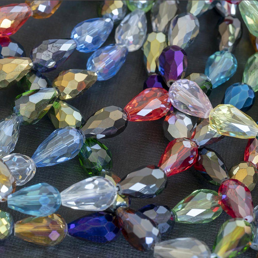 бусина "капля", граненая, стекло, цветовой микс, 15х10 мм