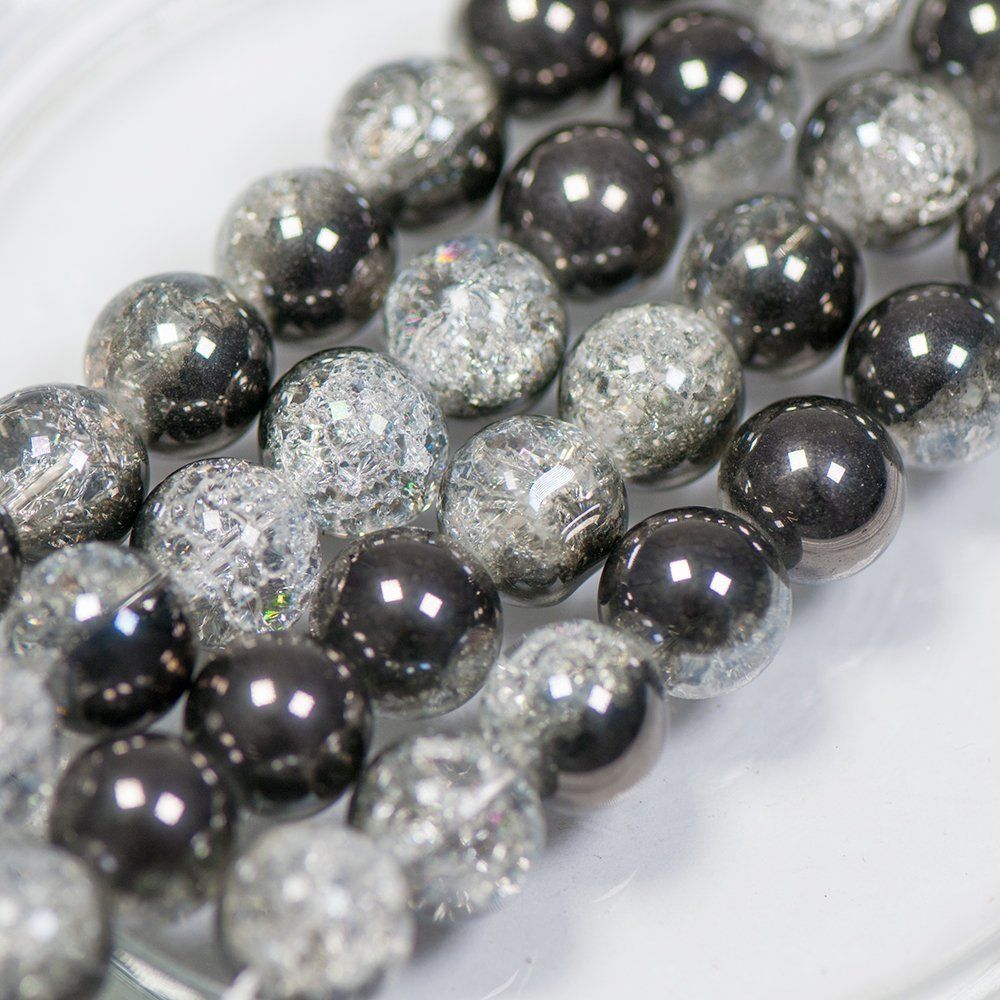 бусина, стекло "кракле", цвет прозрачный/гематитовый, 12 мм