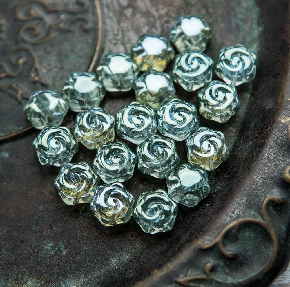 бусина "роза", стекло, цвет зеленый радужный, 15.5x14.5x6 мм