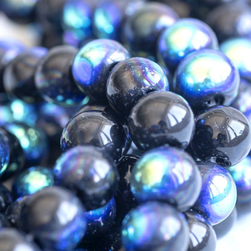 бусина, стекло 8, цвет черный радужный, 8 мм