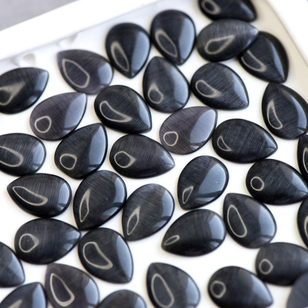 кабошон "кошачий глаз" капля, стекло, цвет черный, 14x10x2.5 мм