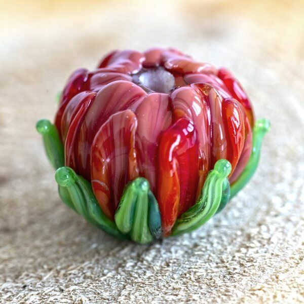 бусина, мурано "хризантема", фигурная, красно-оранжевый, 20х19мм