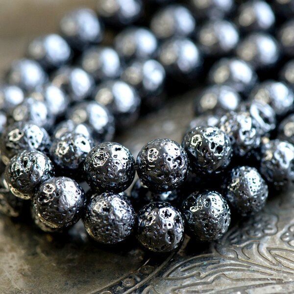бусина лава натуральная 8, цвет черный металлик, 8 мм