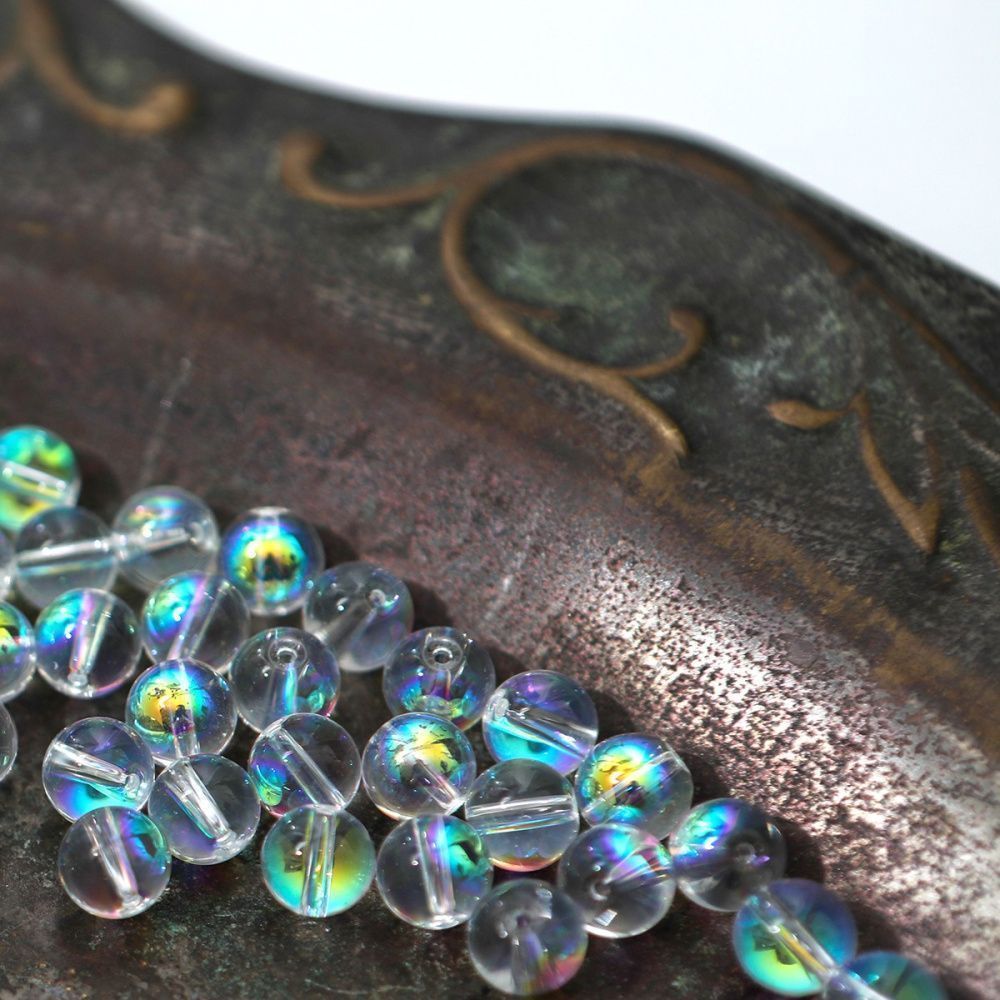 бусина, стекло 6, цвет прозрачный/бензиновый, 6 мм