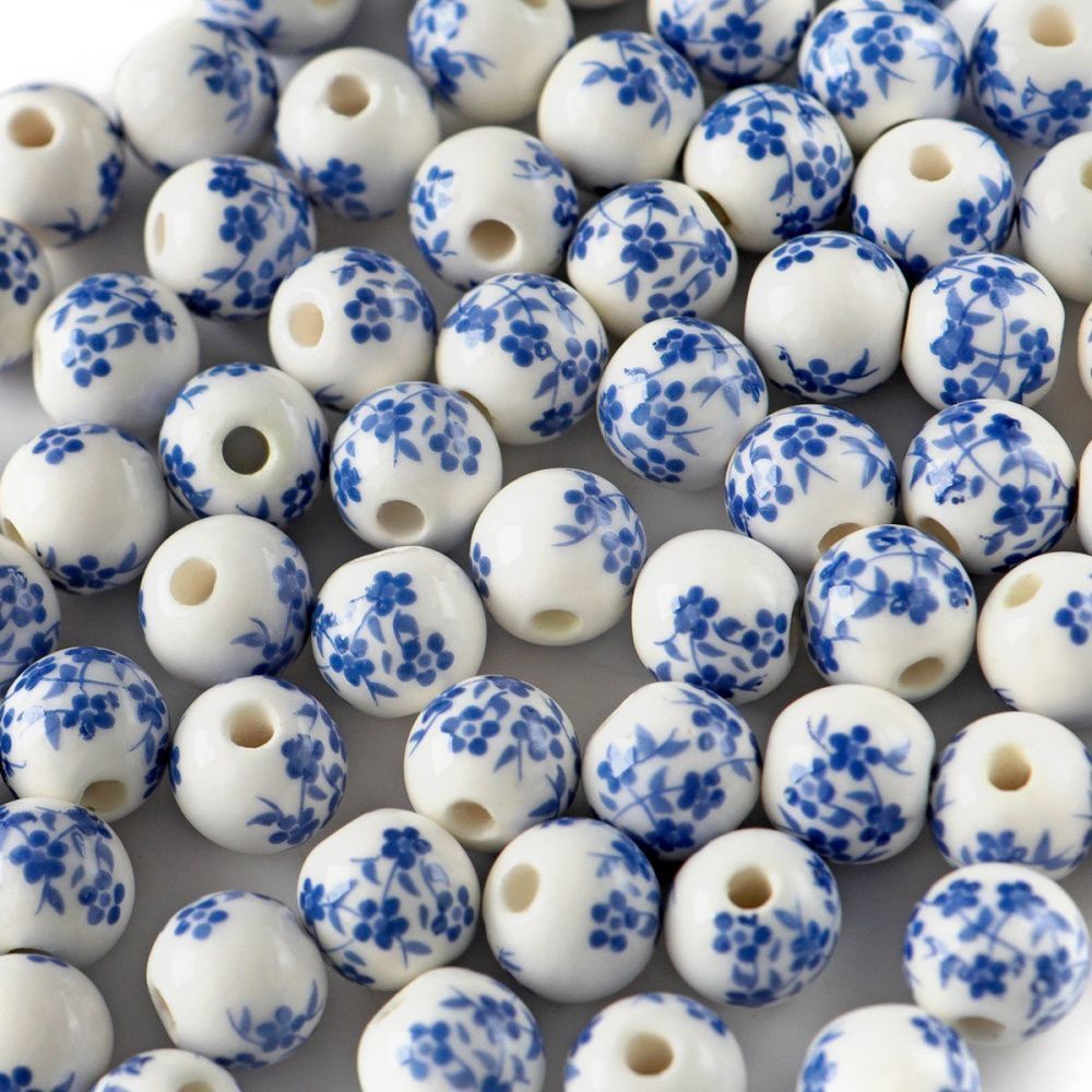 бусина, керамика "сакура", цвет бело-голубой, 10 мм