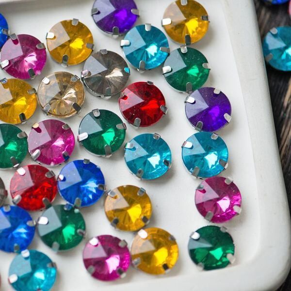 стразы в цапах платина/акрил, цветовой микс, 12x7 мм