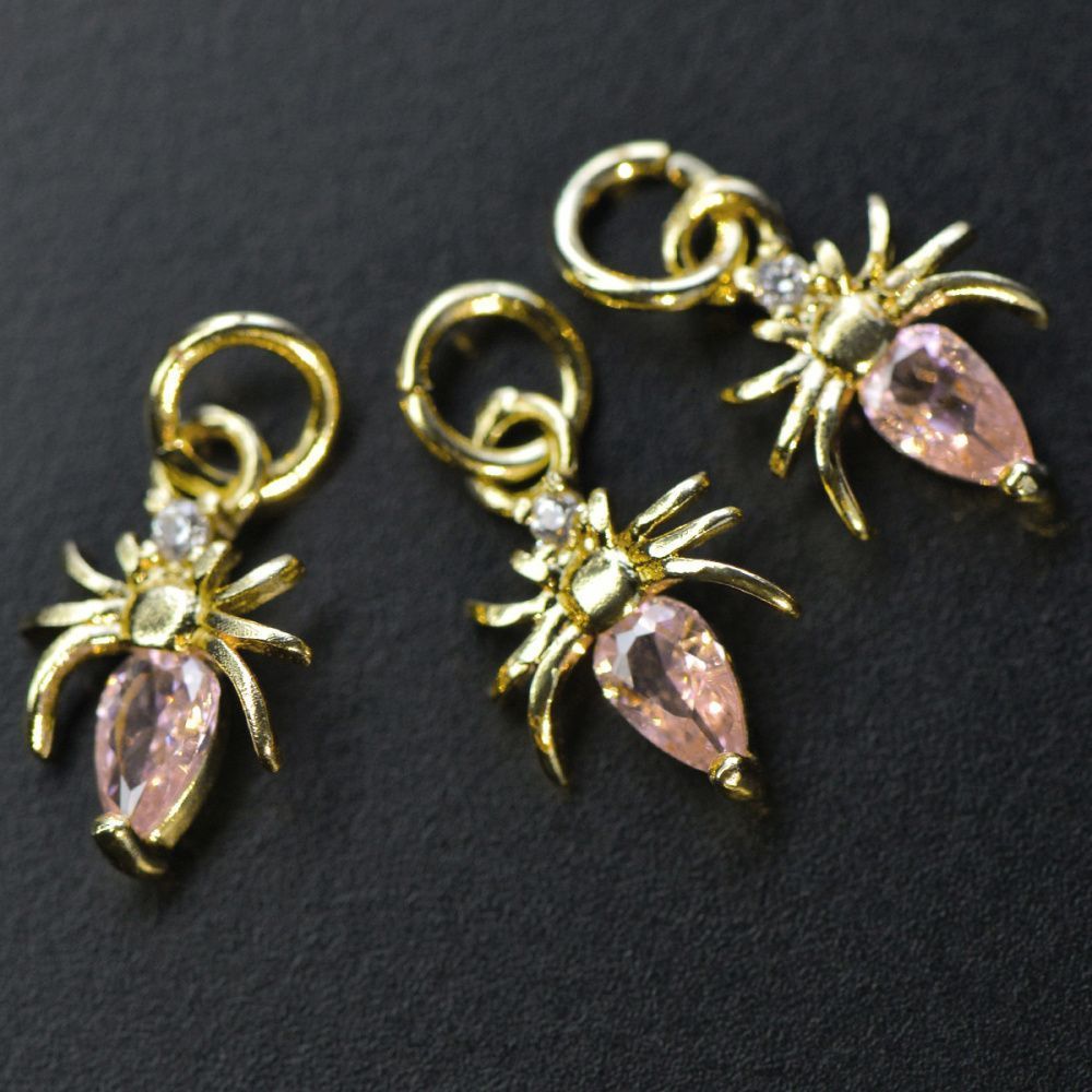 подвеска металл "паучок", позолота/циркон розовый, 12x8x2 мм