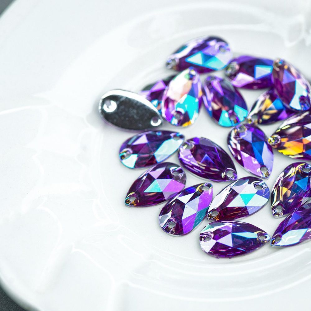 стразы пришивные teardrop, смола, аметист ав, 10.5х18 мм