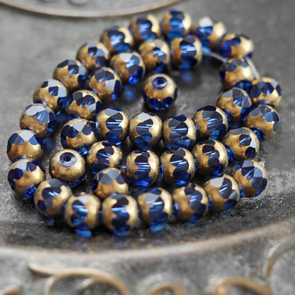 бусина, стекло, граненая, цвет синий/золото, 8 мм