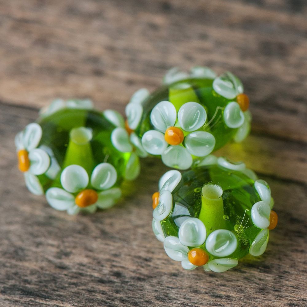 бусина, мурано "ромашка на зеленом", абакус,16х8 мм