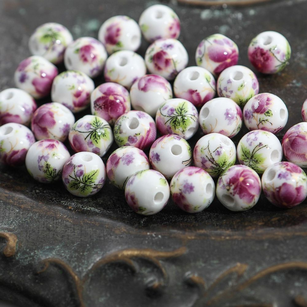 бусина, керамика "букет", цвет белый/малиновый, 10 мм