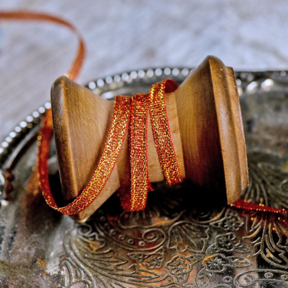 лента парчовая, цвет красно-золотой металлик, ширина 5 мм