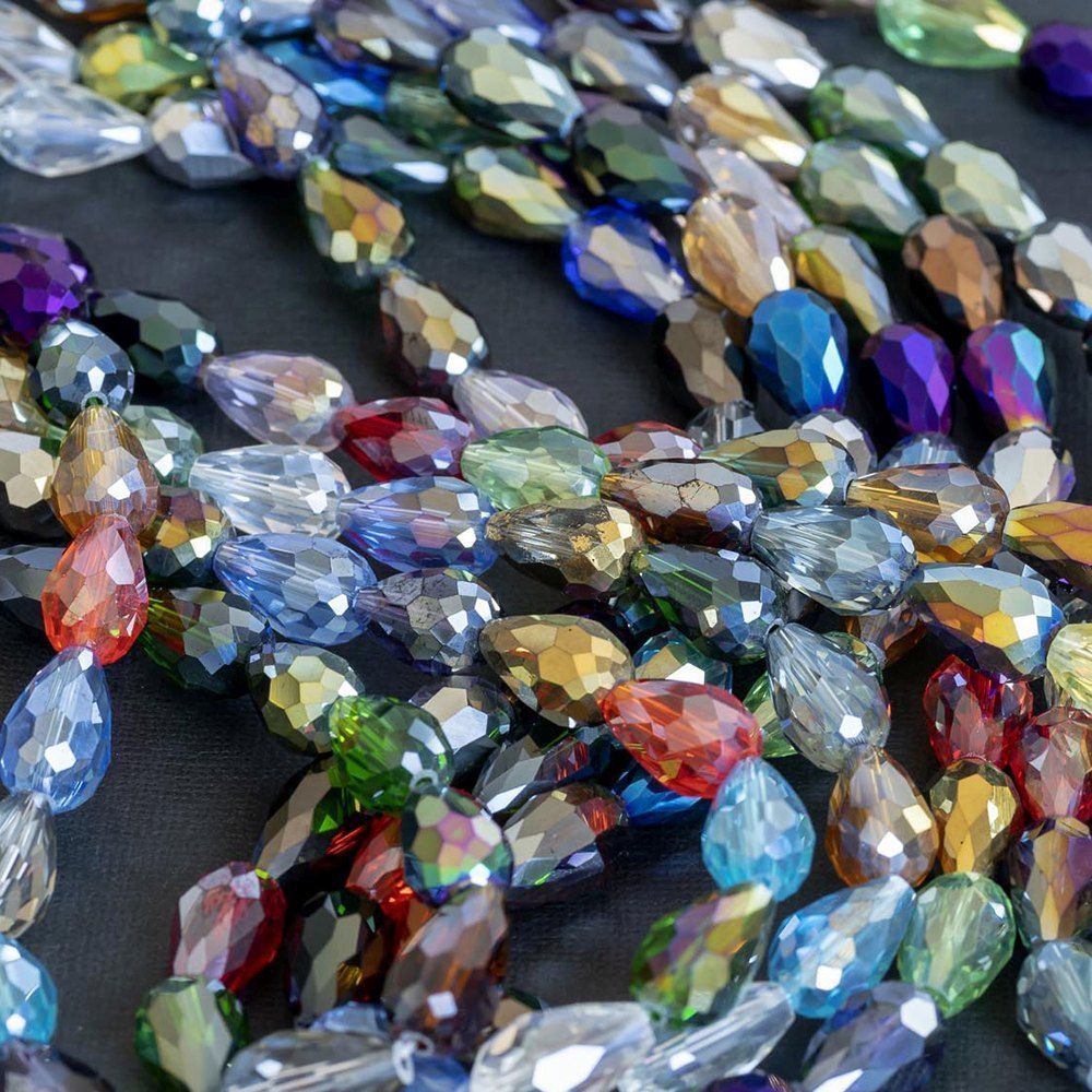 бусина "капля", граненая, стекло, цветовой микс, 15х10 мм