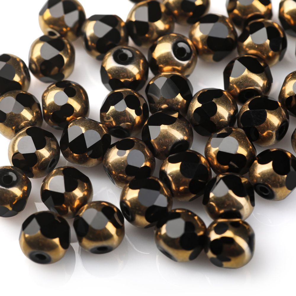 бусина, стекло, граненая, цвет черный/золото, 8 мм