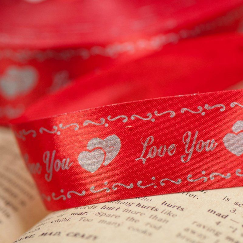 лента, атлас "love you", цвет красный, ширина 25 мм