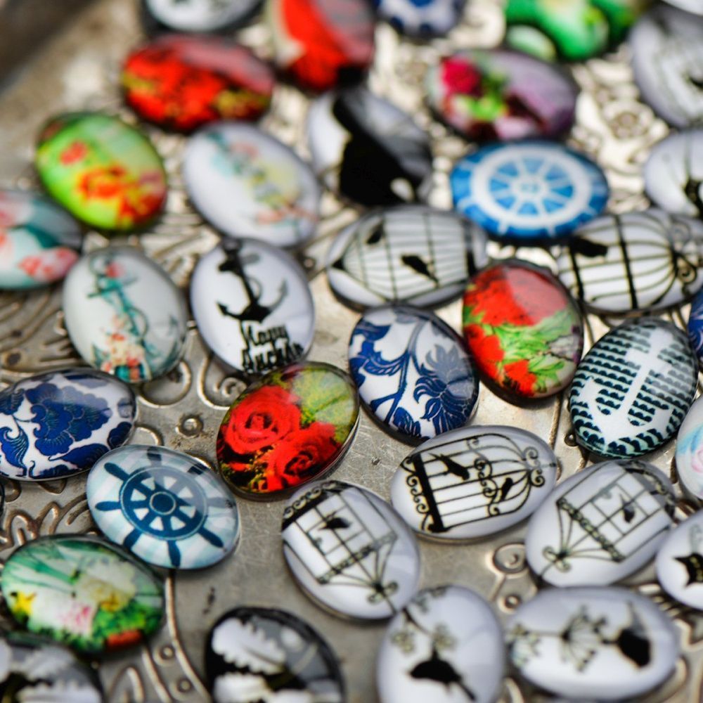 кабошон "микс-принт", стекло, мультиколор, 18х13х6 мм