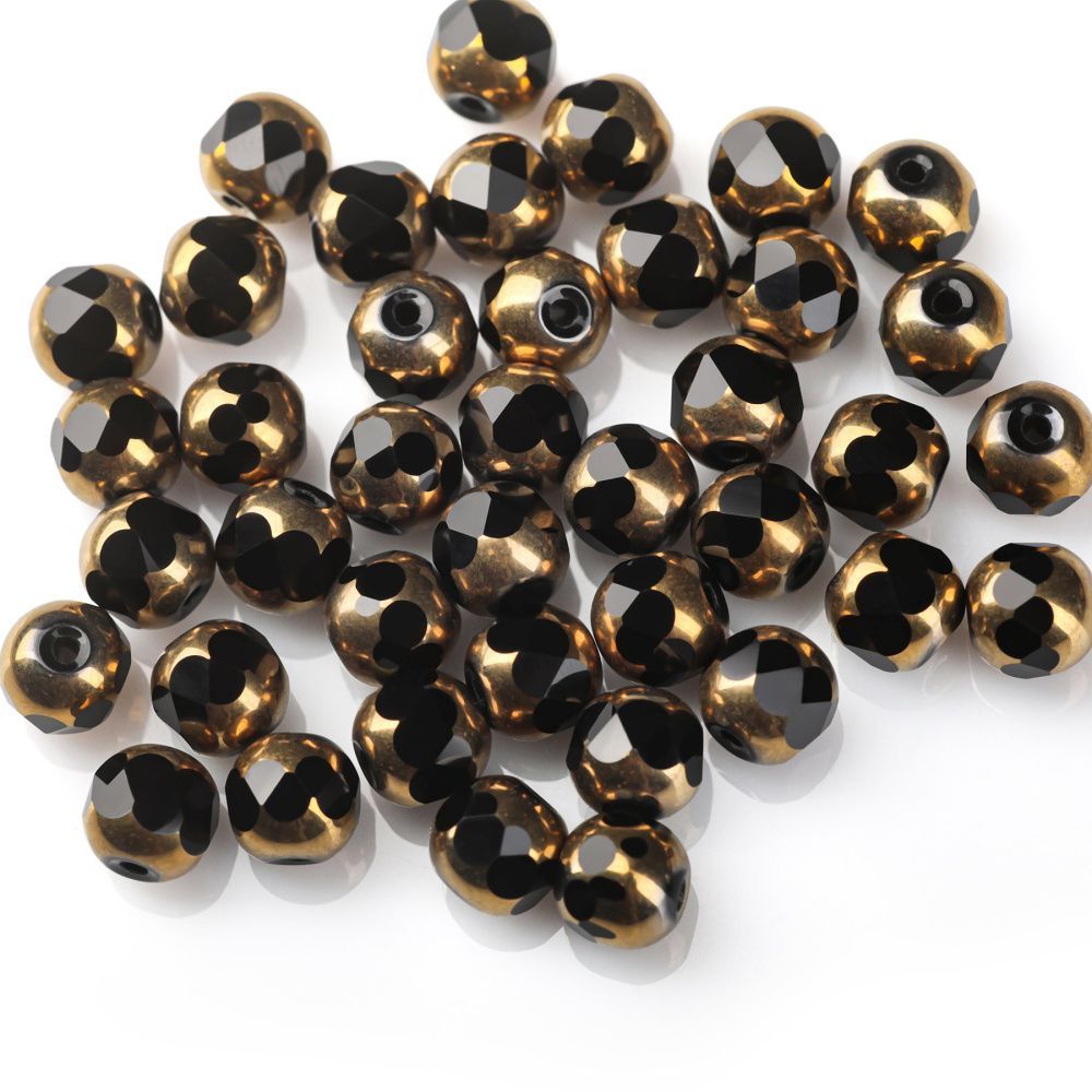 бусина, стекло, граненая, цвет черный/золото, 8 мм