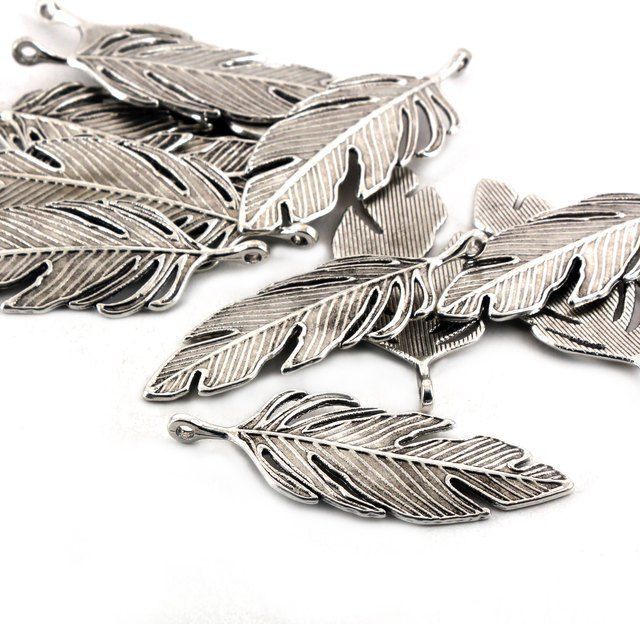 подвеска металлическая "перышко", цвет античное серебро, 62х23х2 мм