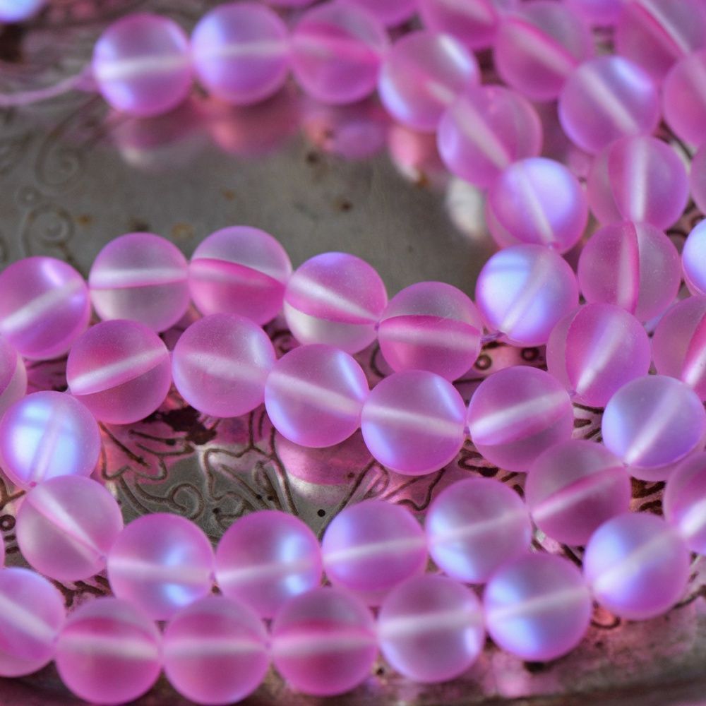 бусина, стекло "лунный камень", цвет розовый, 10 мм