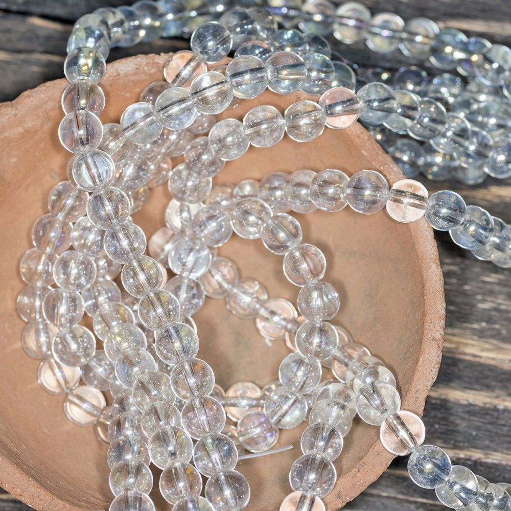 бусина, стекло 8, цвет прозрачный радужный, 8 мм