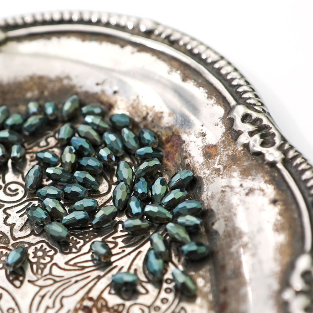 бусина, стекло овальная, граненая, цвет серо-зеленый перламутровый, 6х4 мм