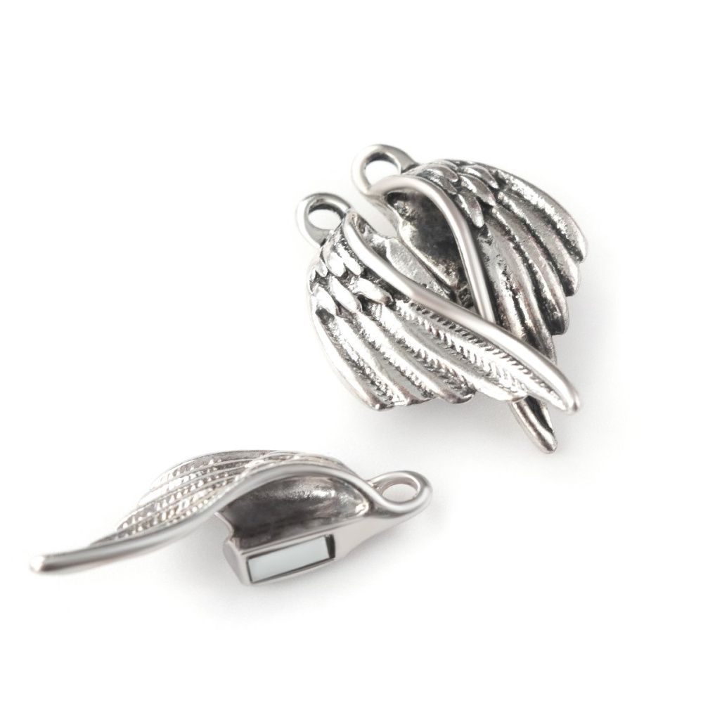 Замочки застежка магнитная "крылья", цвет античное серебро, 26x19x6.5 мм