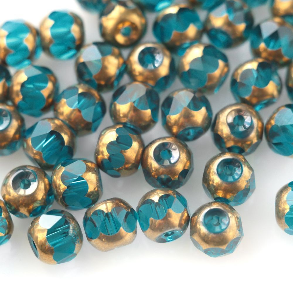 бусина, стекло, граненая, цвет бирюзовый/золото, 8 мм