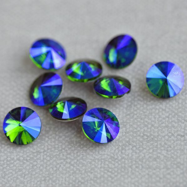 кабошон стекло риволи, цвет emerald ab, 12 мм