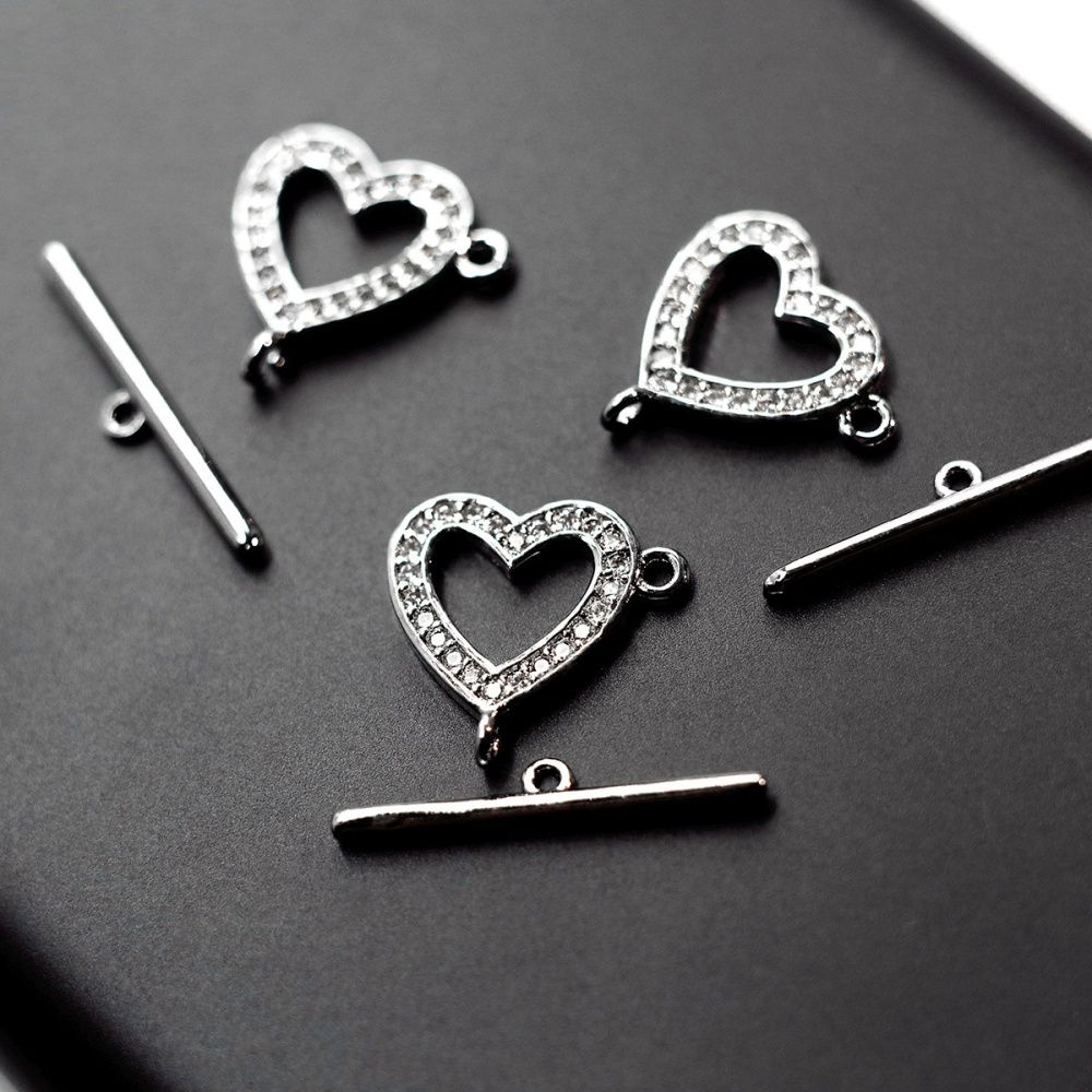 Замочки тоггл "алмазное сердце", цирконий, цвет платина, 14х14х1.5 мм