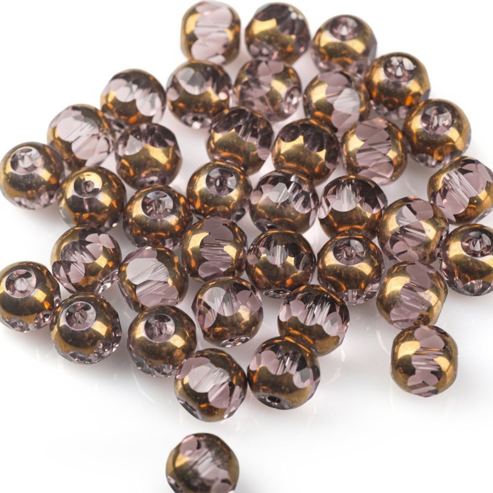 бусина, стекло, граненая, цвет дымчато-розовый/золото, 8 мм