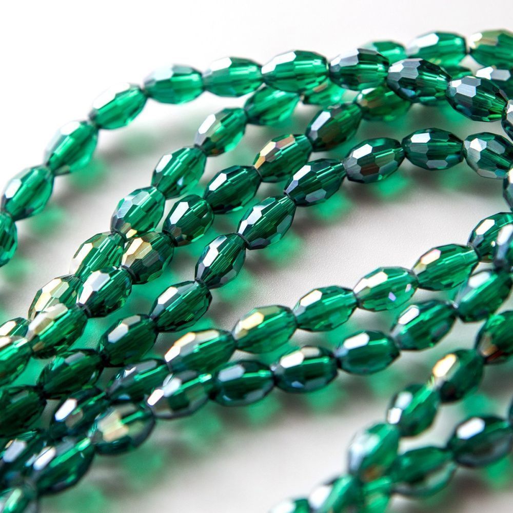 бусина, стекло овальная, граненая, цвет изумрудный ав, 8х6 мм