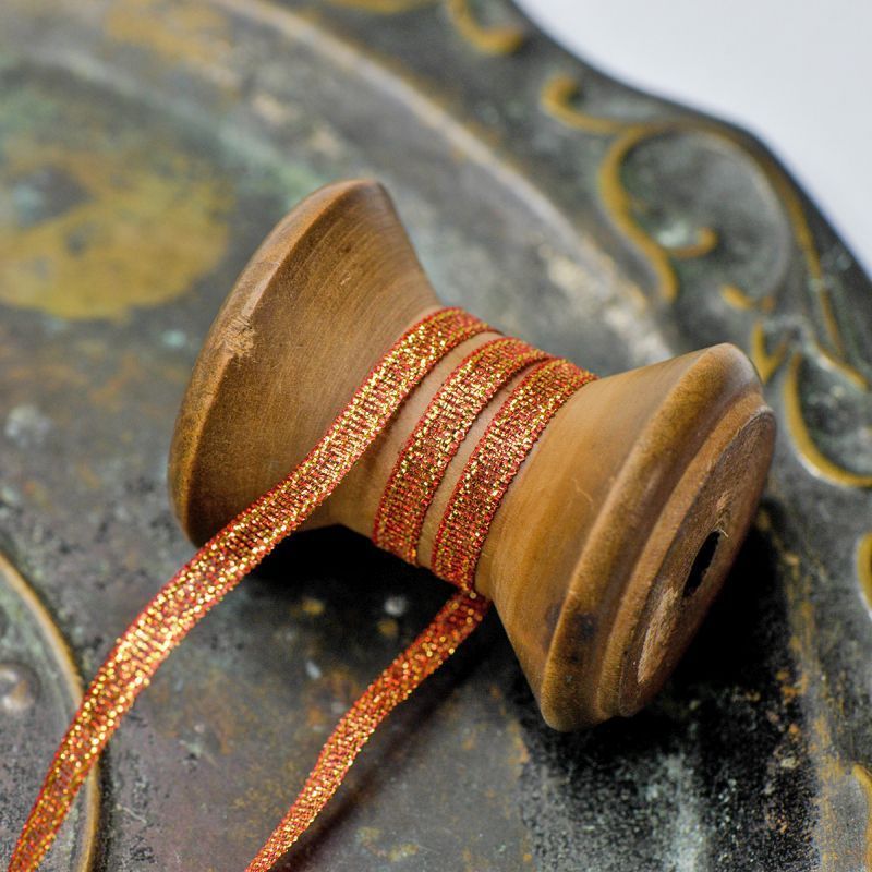 лента парчовая, цвет красно-золотой металлик, ширина 5 мм