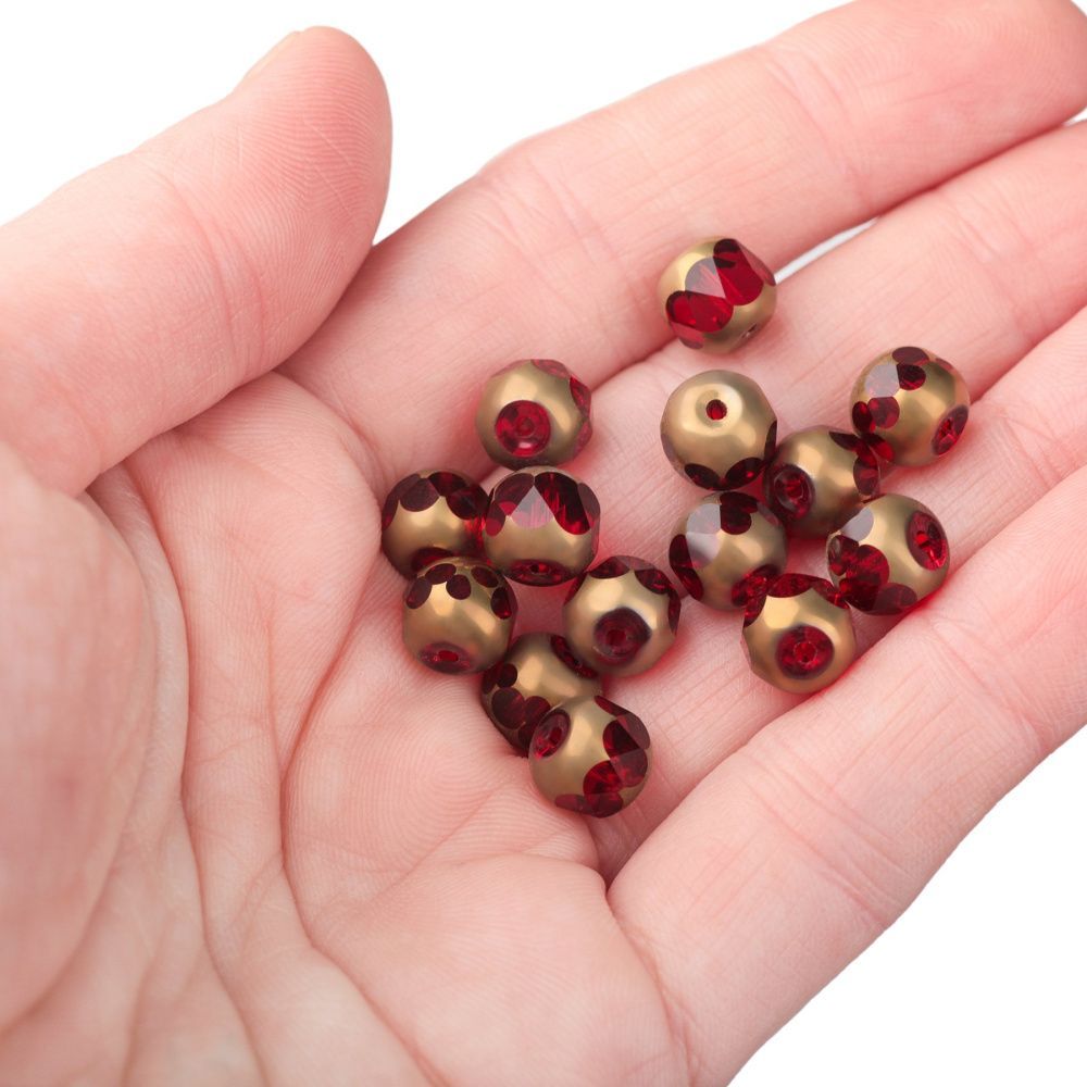 бусина, стекло, граненая, цвет красный/золото, 8 мм