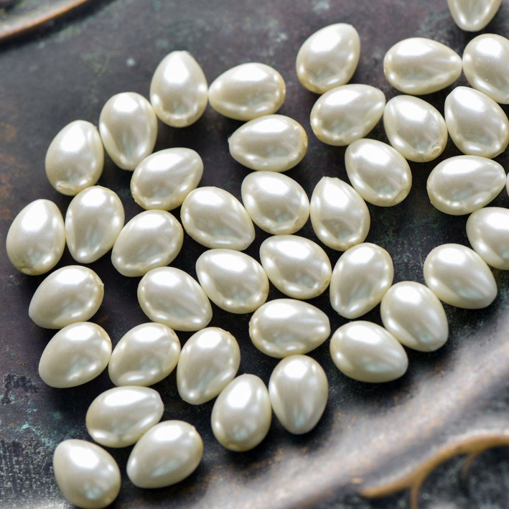 бусина, имитация жемчуга "капля", стекло, цвет молочный, 9х7 мм