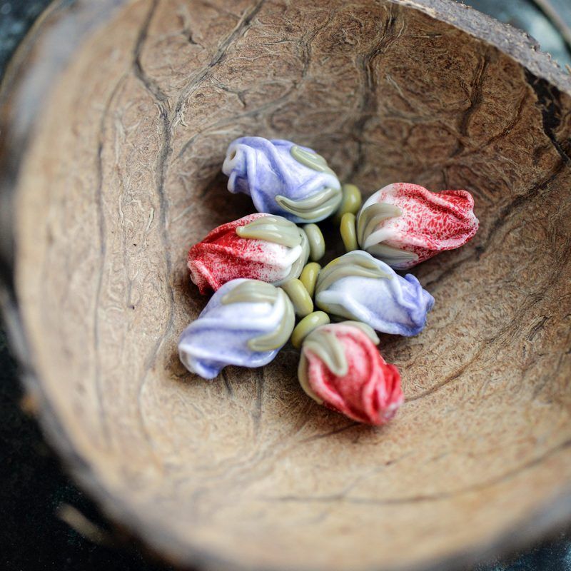 бусина, мурано "розовый бутон", бело-сиреневый, 15-16х10-11 мм