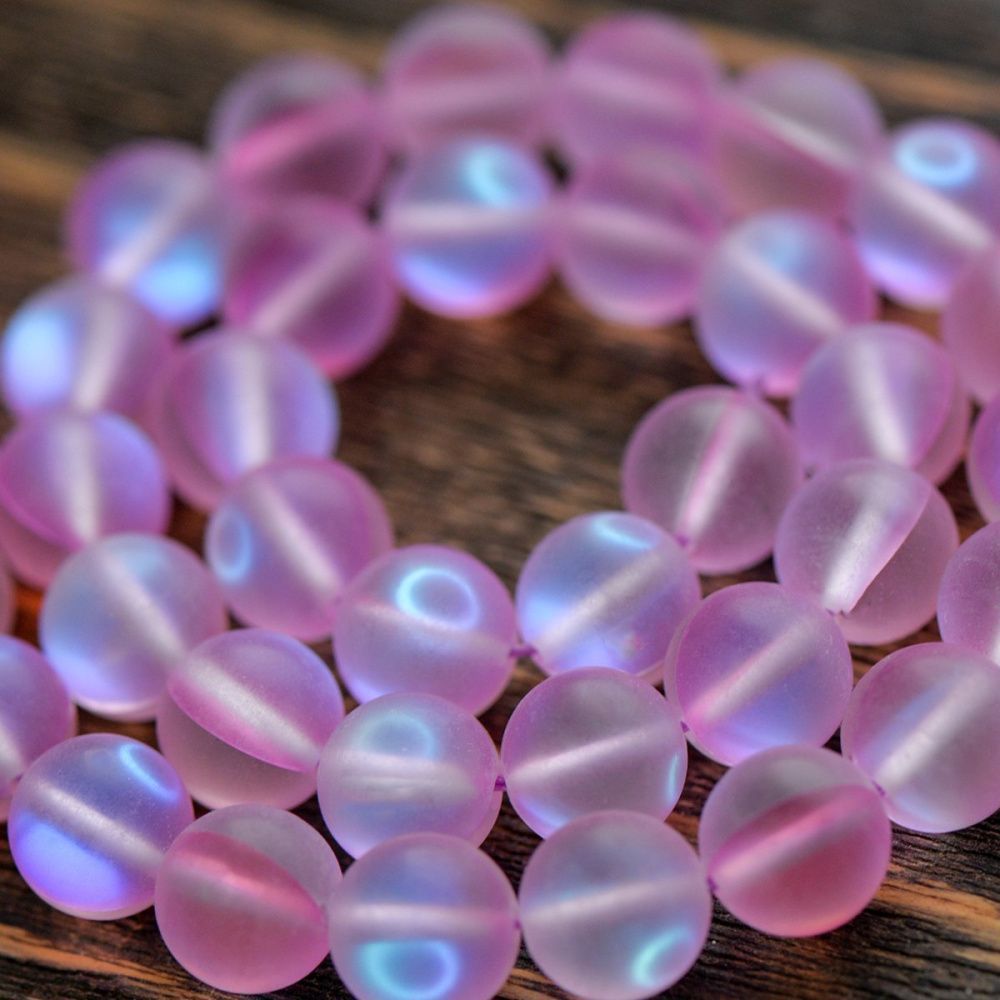 бусина, стекло "лунный камень", цвет розовый, 10 мм