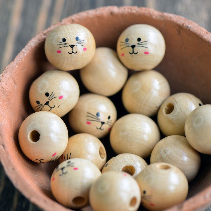 бусина дерево "котики", цвет бежевый/черный, 19-20 мм