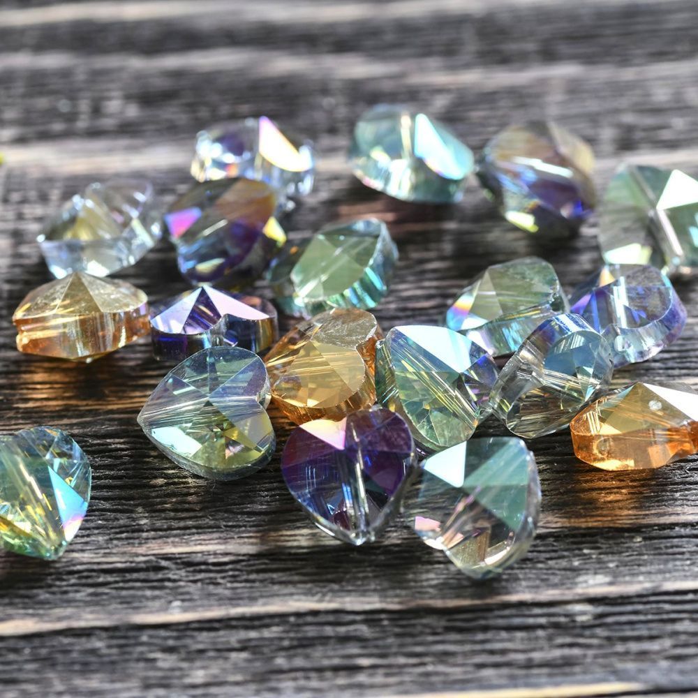бусина, стекло, "сердце", граненая, цветовой микс радужный, 10x10x7 мм