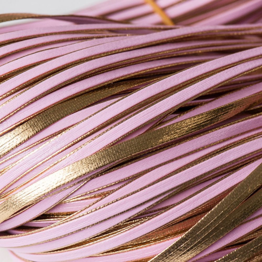 шнур, имитация кожи, плоский, цвет розовый/золото, 3х1 мм