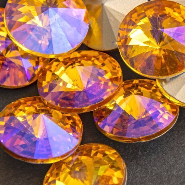 кабошон стекло риволи, цвет желтый радужный ав, 14х7 мм