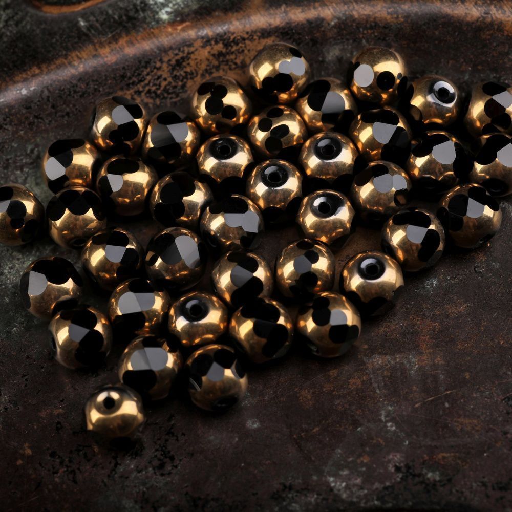 бусина, стекло, граненая, цвет черный/золото, 8 мм